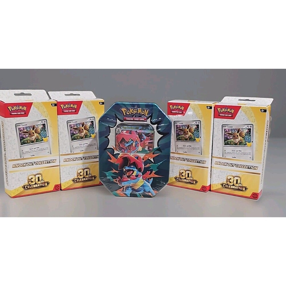 Pokemon TCG Sealed Lot: 4 Knock Out 30th Celebration Boxes & Mega Feraligatr Tin
